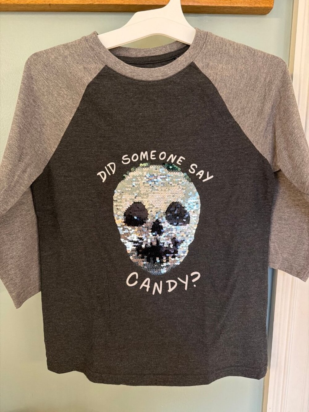 Cat & Jack Halloween Sequin Skull 'Did Someone Say Candy?' Raglan Tee Kids M (8/